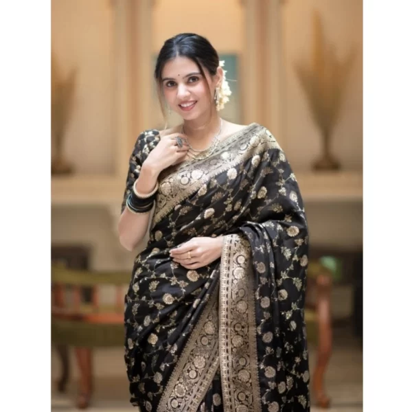 Women's Silk Printed Saree With Unstitched Blouse 5.5Mtr (Black)