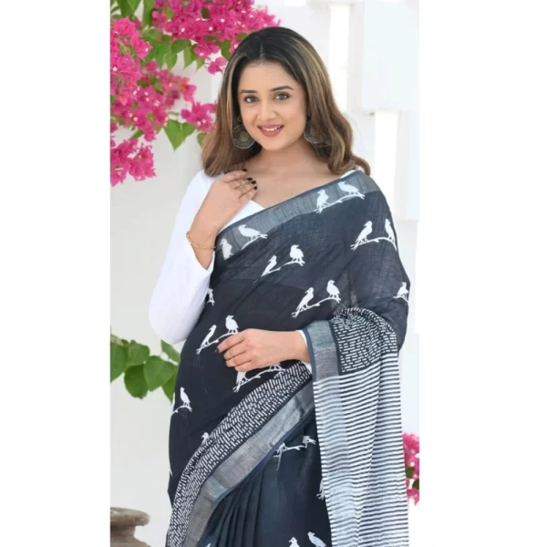 Women's Silk Printed Saree With Unstitched Blouse 5.5Mtr (Black)
