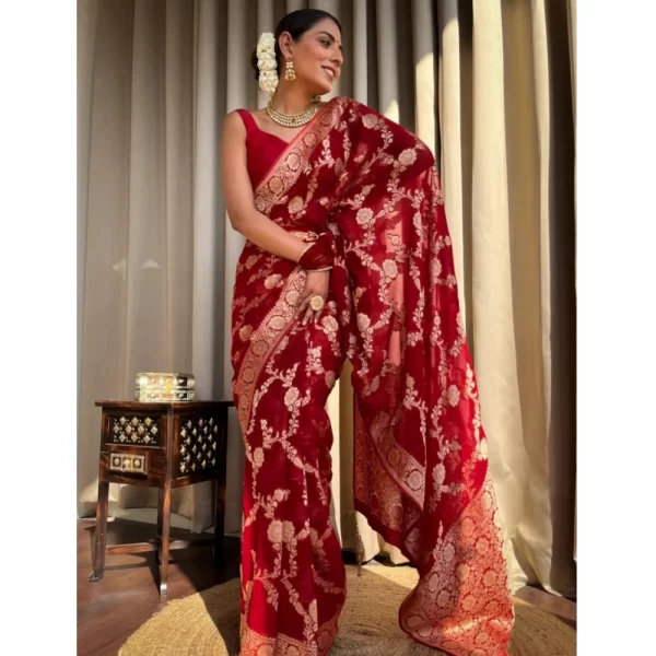 Women's Silk Printed Saree With Unstitched Blouse 5.5Mtr (Red)