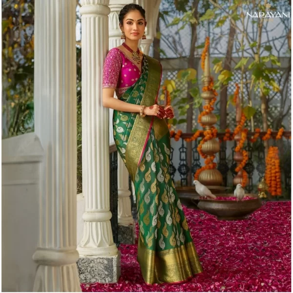 Women's Silk Printed Saree With Unstitched Blouse 5.5Mtr (Green)