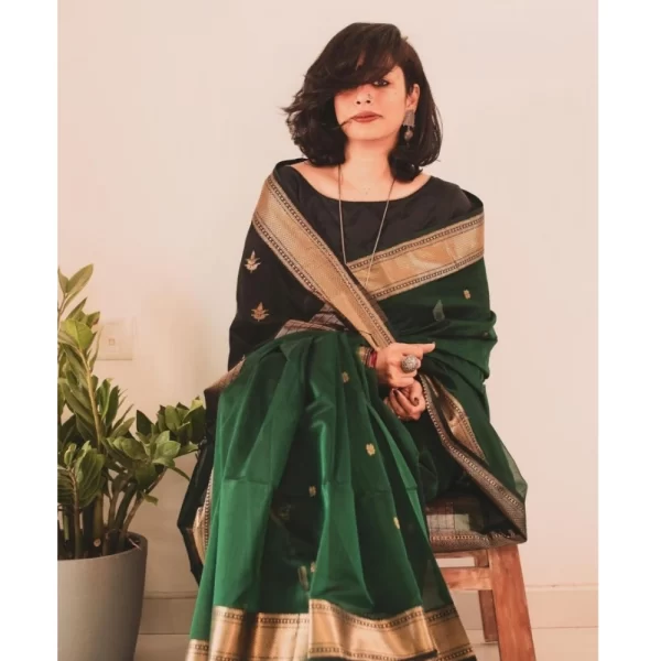 Women's Silk Printed Saree With Unstitched Blouse 5.5Mtr (Dark Green)