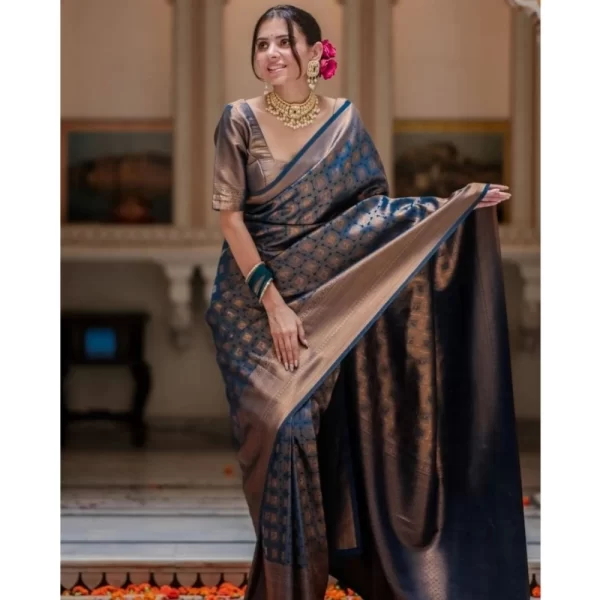 Women's Silk Printed Saree With Unstitched Blouse 5.5Mtr (Blue)