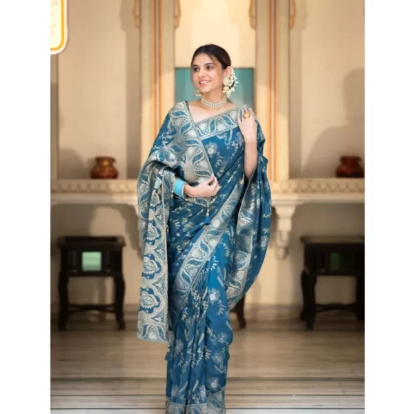 Women's Silk Printed Saree With Unstitched Blouse 5.5Mtr (Teal Blue)