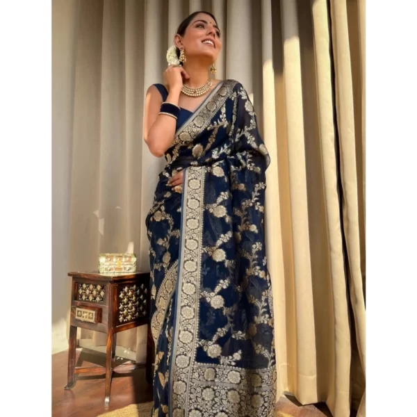 Women's Silk Printed Saree With Unstitched Blouse 5.5Mtr (Dark Blue)