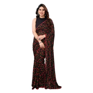 Women’s Small Lace Georgette Printed Ready-to-Wear Saree With Unstitched Blouse 5.5 Mtr (Black)