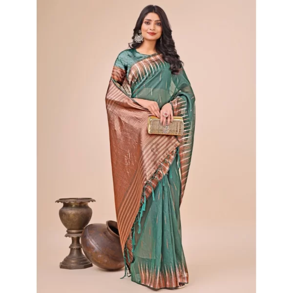 Women's Linen Cotton Wevon Jacquard Saree With Unstitched Blouse 5.5Mtr (Green)