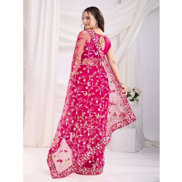 Women's Soft Net Thread Embroidery Saree With Unstitched Blouse 5.5Mtr (Dark Pink)