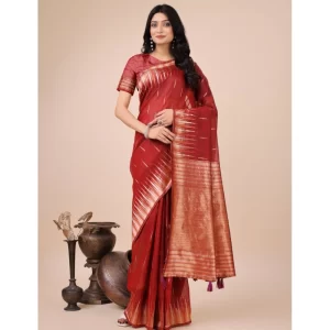 Women’s Linen Cotton Wevon Jacquard Saree With Unstitched Blouse 5.5Mtr (Red)