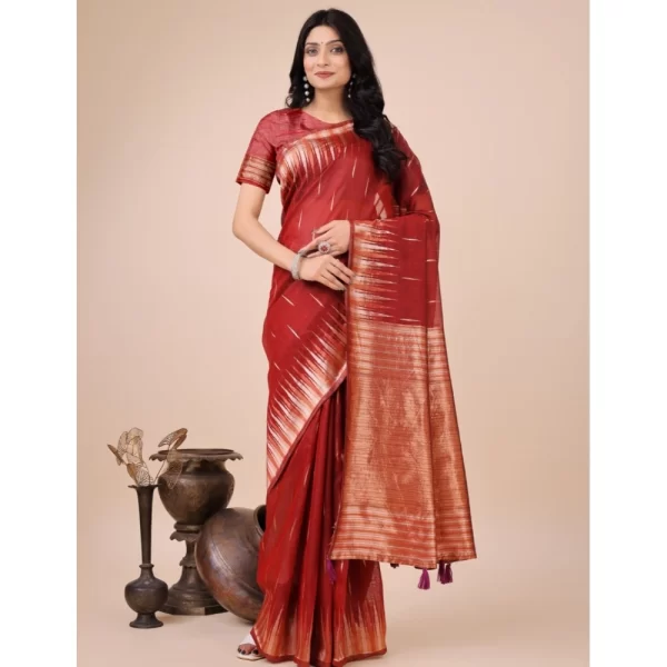 Women's Linen Cotton Wevon Jacquard Saree With Unstitched Blouse 5.5Mtr (Red)