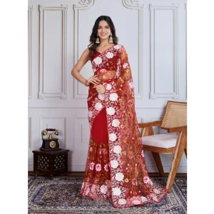 Women’s Soft Net Thread Embroidery Saree With Unstitched Blouse 5.5Mtr (Maroon)