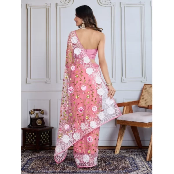 Women's Soft Net Thread Embroidery Saree With Unstitched Blouse 5.5Mtr (Light Pink)