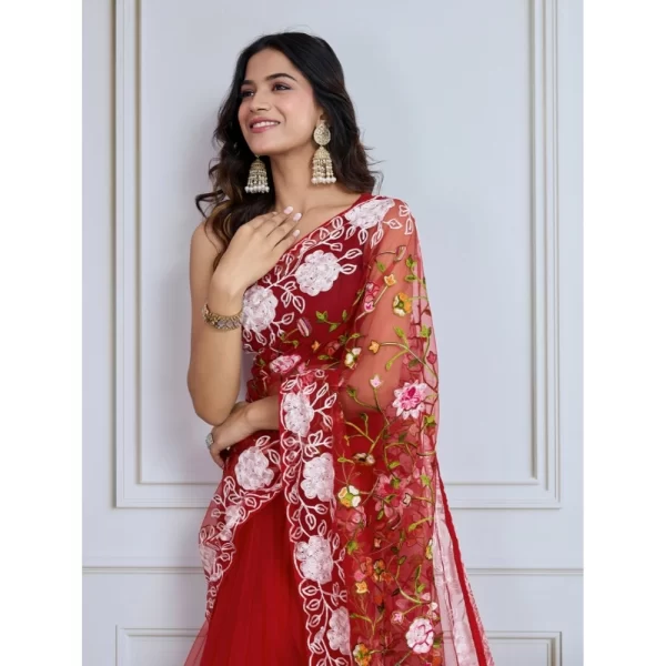Women's Soft Net Thread Embroidery Saree With Unstitched Blouse 5.5Mtr (Maroon)
