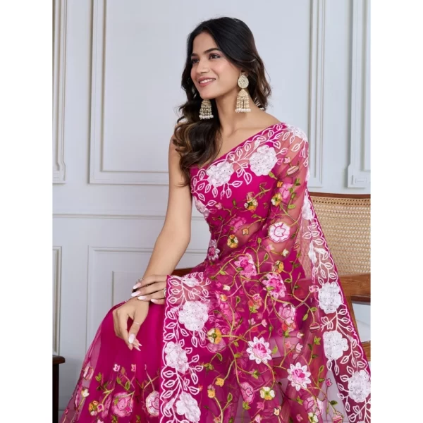 Women's Soft Net Thread Embroidery Saree With Unstitched Blouse 5.5Mtr (Dark Pink)