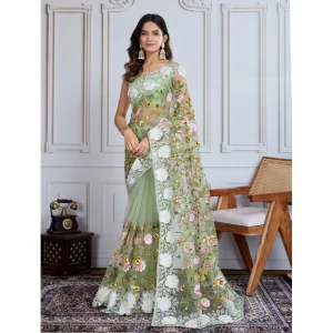 Women’s Soft Net Thread Embroidery Saree With Unstitched Blouse 5.5Mtr (Pista)