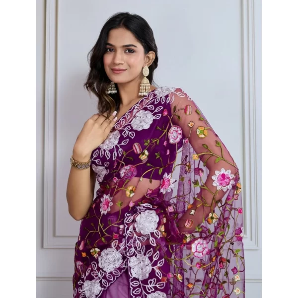 Women's Soft Net Thread Embroidery Saree With Unstitched Blouse 5.5Mtr (Purple)