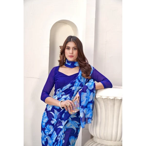 Women's Polyster Printed Saree With Unstitched Blouse 5.5Mtr (Blue)