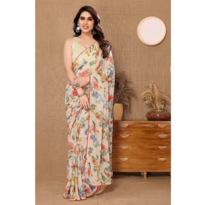Women’s Small Lace Georgette Printed Ready-to-Wear Saree With Unstitched Blouse 5.5 Mtr (Off White)