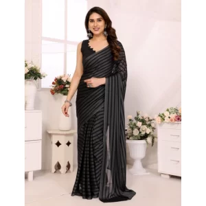 Women’s  Black Berry Striped Ready-to-Wear Saree With Unstitched Blouse 5.5 Mtr (Grey-Black)