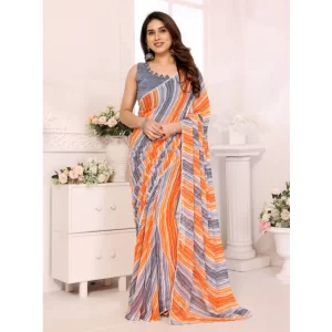 Women’s Small Lace Georgette Striped Ready-to-Wear Saree With Unstitched Blouse 5.5 Mtr (Grey)
