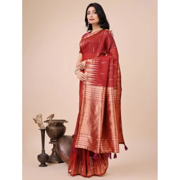 Women's Linen Cotton Wevon Jacquard Saree With Unstitched Blouse 5.5Mtr (Red)