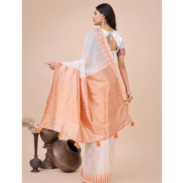 Women's Linen Cotton Wevon Jacquard Saree With Unstitched Blouse 5.5Mtr (White)