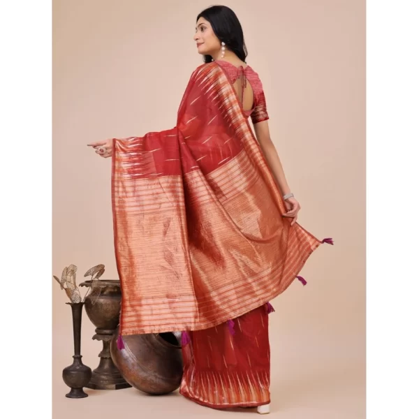 Women's Linen Cotton Wevon Jacquard Saree With Unstitched Blouse 5.5Mtr (Red)