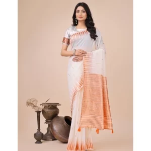 Women’s Linen Cotton Wevon Jacquard Saree With Unstitched Blouse 5.5Mtr (White)