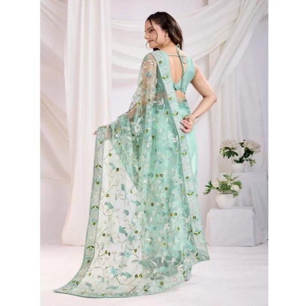 Women's Soft Net Thread Embroidery Saree With Unstitched Blouse 5.5Mtr (Sea Green)