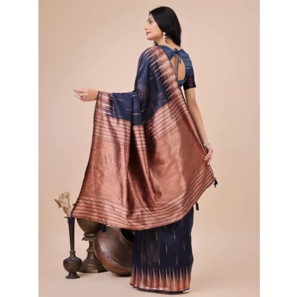 Women's Linen Cotton Wevon Jacquard Saree With Unstitched Blouse 5.5Mtr (Navy Blue)