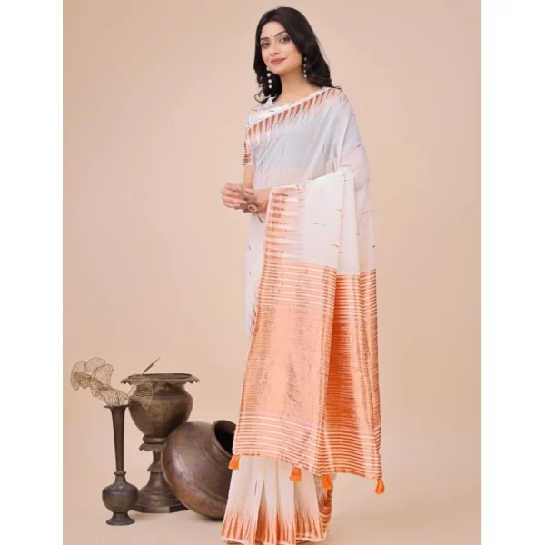 Women's Linen Cotton Wevon Jacquard Saree With Unstitched Blouse 5.5Mtr (White)