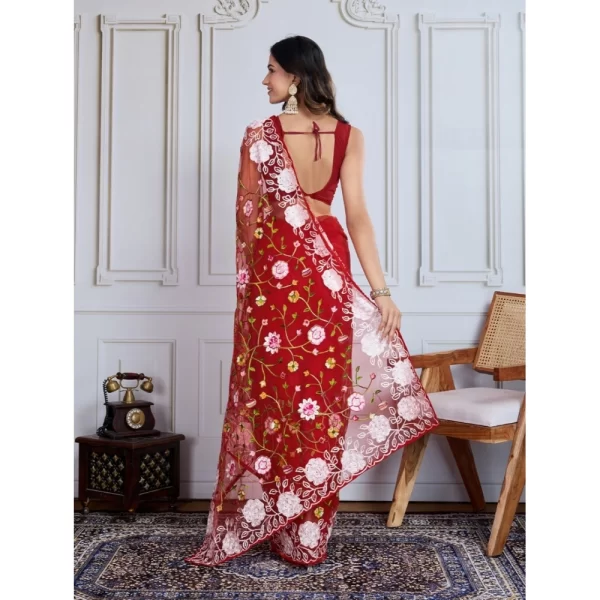 Women's Soft Net Thread Embroidery Saree With Unstitched Blouse 5.5Mtr (Maroon)