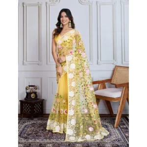 Women’s Soft Net Thread Embroidery Saree With Unstitched Blouse 5.5Mtr (Yellow)