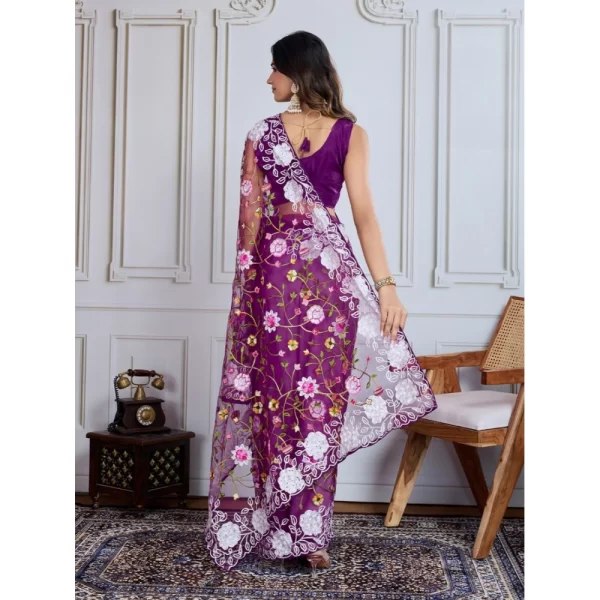 Women's Soft Net Thread Embroidery Saree With Unstitched Blouse 5.5Mtr (Purple)