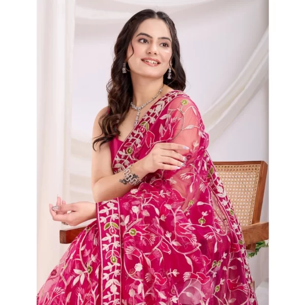 Women's Soft Net Thread Embroidery Saree With Unstitched Blouse 5.5Mtr (Dark Pink)