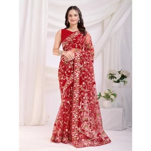 Women’s Soft Net Thread Embroidery Saree With Unstitched Blouse 5.5Mtr (Maroon)