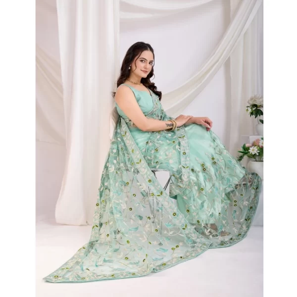 Women's Soft Net Thread Embroidery Saree With Unstitched Blouse 5.5Mtr (Sea Green)