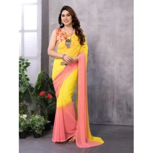 Women’s Small Lace Georgette Solid Ready-to-Wear Saree With Unstitched Blouse 5.5 Mtr (Pink-Yellow)