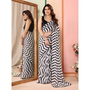 Women’s Small Lace Georgette Striped Ready-to-Wear Saree With Unstitched Blouse 5.5 Mtr (Black)