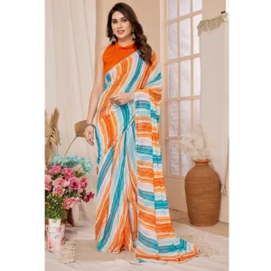 Women’s Small Lace Georgette Striped Ready-to-Wear Saree With Unstitched Blouse 5.5 Mtr (Multicolor)