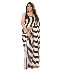 Women’s Small Lace Georgette Striped Ready-to-Wear Saree With Unstitched Blouse 5.5 Mtr (Black-White)