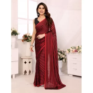 Women’s  Black Berry Striped Ready-to-Wear Saree With Unstitched Blouse 5.5 Mtr (Red-Black)