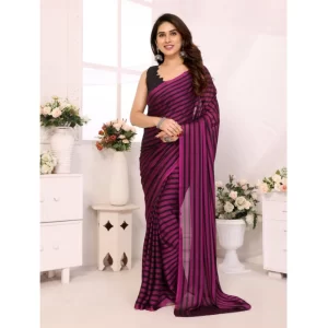 Women’s  Black Berry Striped Ready-to-Wear Saree With Unstitched Blouse 5.5 Mtr (Purple-Black)