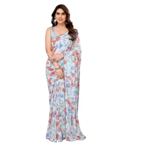 Women’s Small Lace Georgette Printed Ready-to-Wear Saree With Unstitched Blouse 5.5 Mtr (Sky Blue)