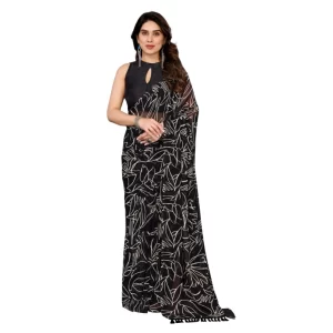 Women’s Zalar Lace Georgette Printed Ready-to-Wear Saree With Unstitched Blouse 5.5 Mtr (Black)