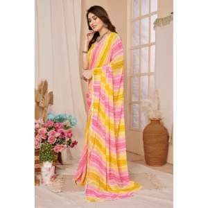 Women’s Small Lace Georgette Striped Ready-to-Wear Saree With Unstitched Blouse 5.5 Mtr (Yellow-Pink)