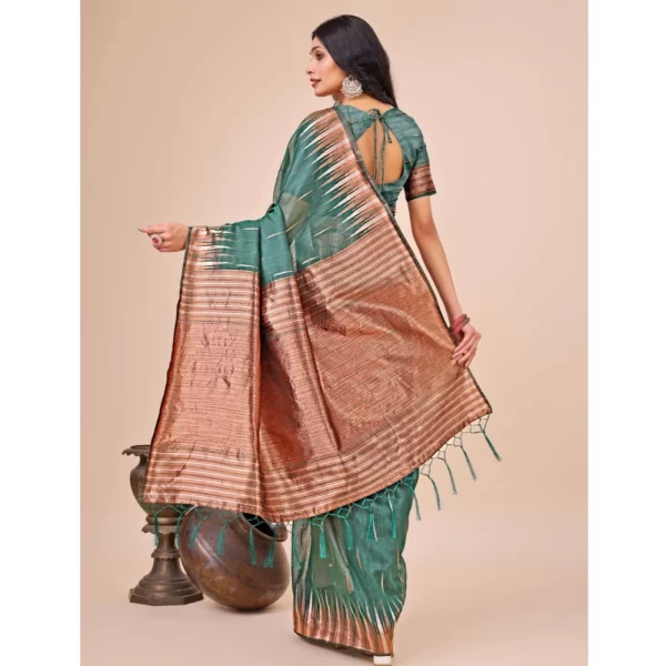 Women's Linen Cotton Wevon Jacquard Saree With Unstitched Blouse 5.5Mtr (Green)