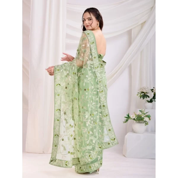Women's Soft Net Thread Embroidery Saree With Unstitched Blouse 5.5Mtr (Pista)