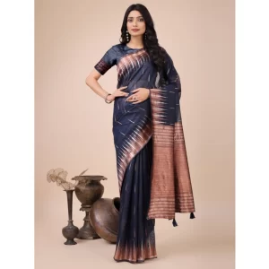 Women’s Linen Cotton Wevon Jacquard Saree With Unstitched Blouse 5.5Mtr (Navy Blue)