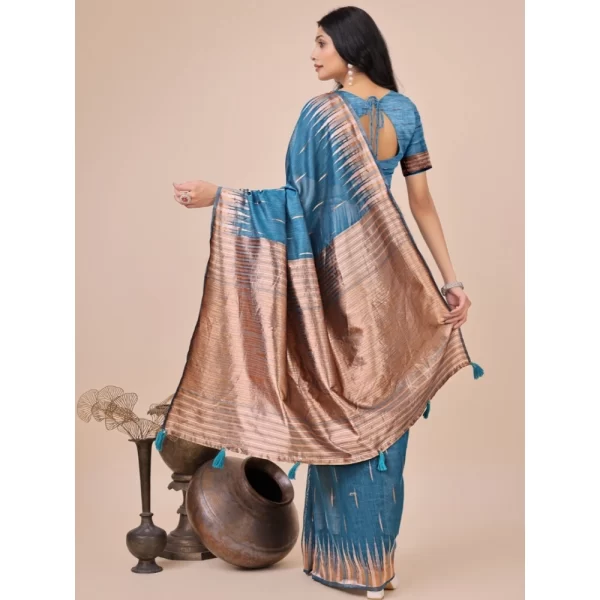 Women's Linen Cotton Wevon Jacquard Saree With Unstitched Blouse 5.5Mtr (Blue)