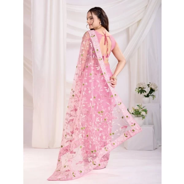 Women's Soft Net Thread Embroidery Saree With Unstitched Blouse 5.5Mtr (Pink)